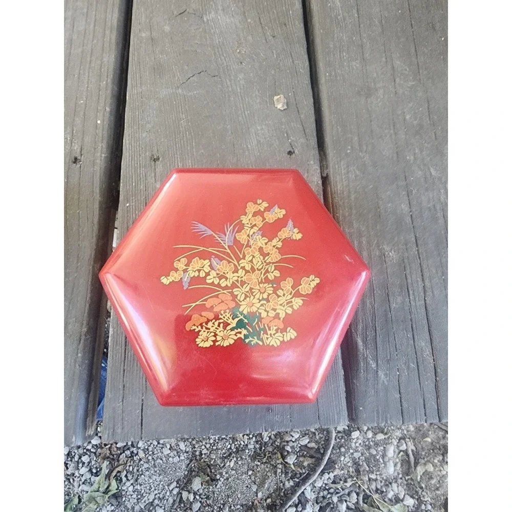 Vintage Floral Red Lucite Hexagonal Lidded Nesting Trinket Boxes Set Of 3